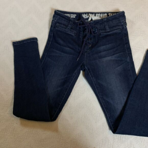 Volcom Womens Jeans Size 25 Dark Denim Super Stoned Skinny Ankle Laced No Zip - Picture 2 of 7